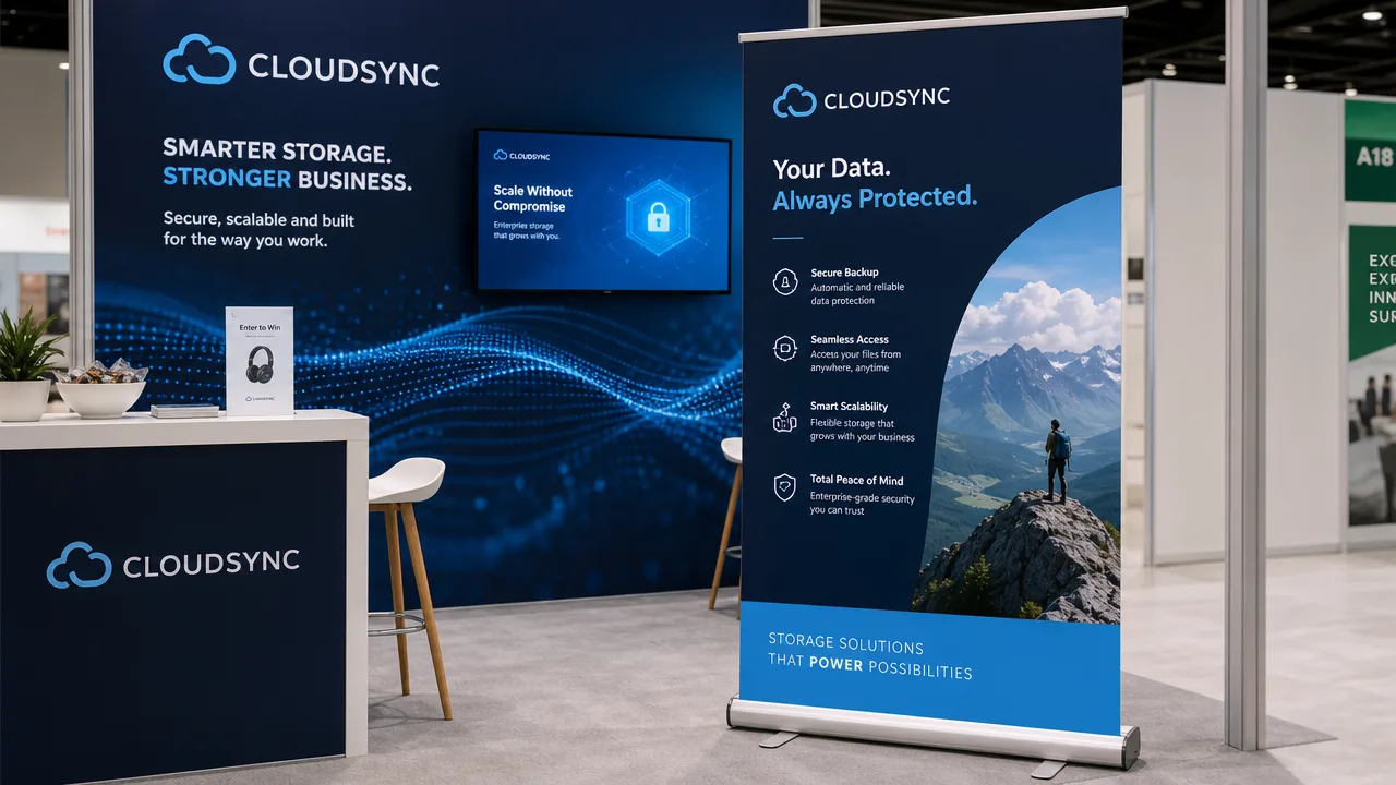 Pull-up roller stand banner displayed at an exhibition