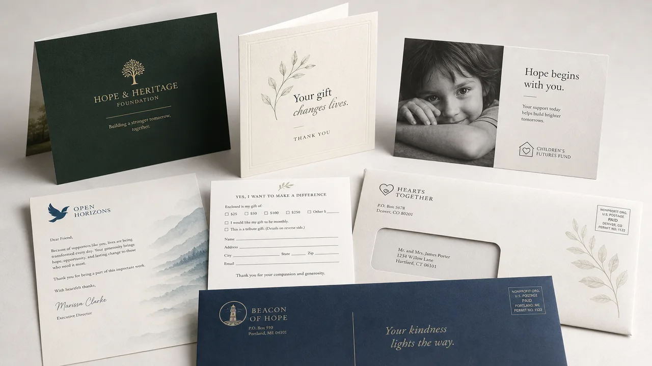 Charity appeal envelopes and donation cards printed for a fundraising mailing