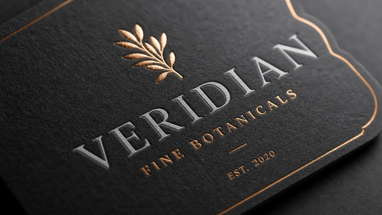Dark uncoated card printed with foil and blind-embossed lettering