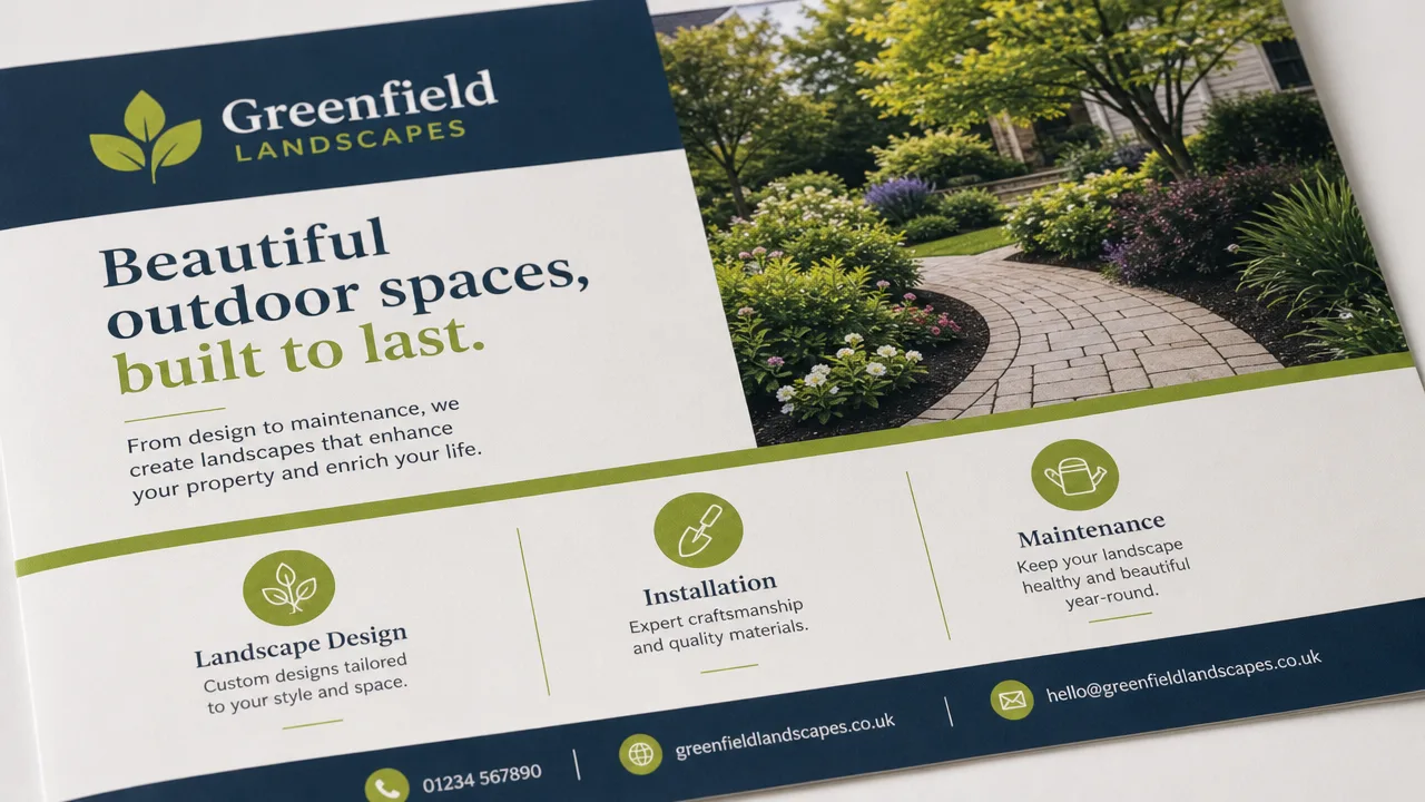 Printed leaflets and flyers showing different layouts and colour finishes